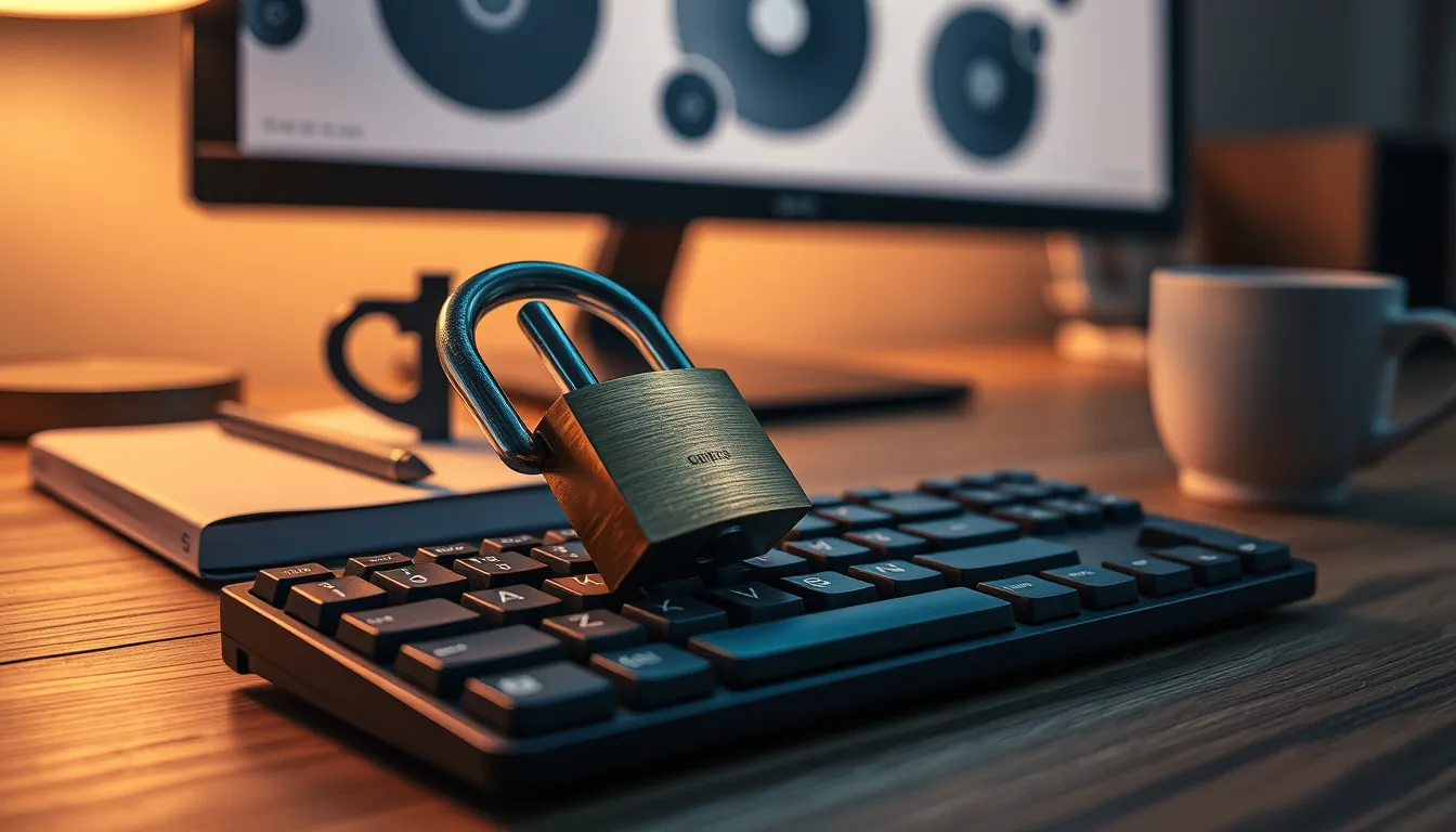 Cadenas posé sur un clavier mécanique, éclairé par une lampe de bureau