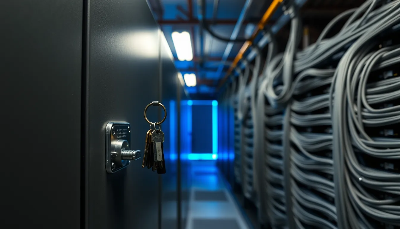 Armoire métallique verrouillée dans un couloir technique éclairé de bleu, câbles alignés au fond