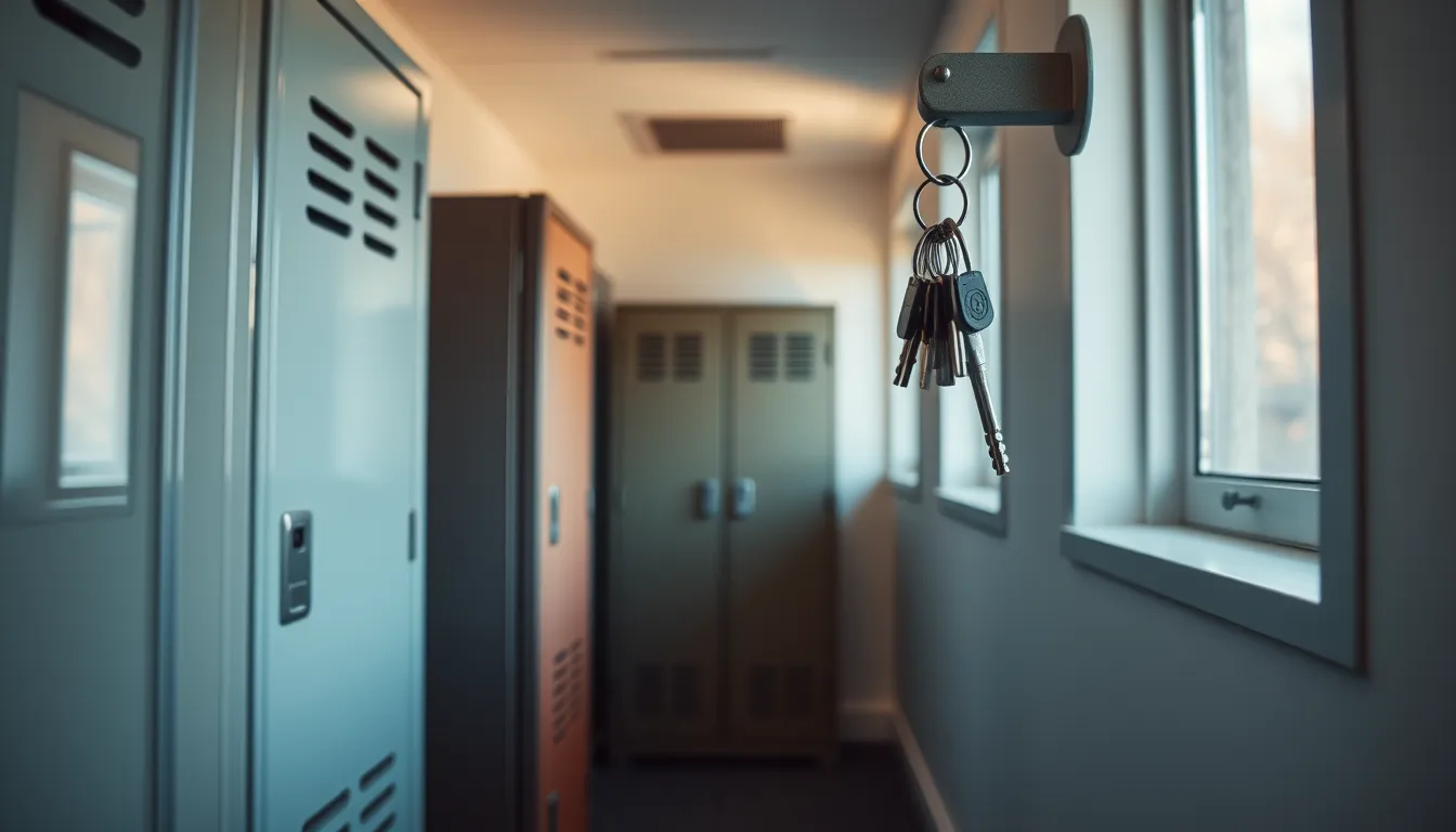 Armoires vitrées verrouillées aux teintes variées dans un couloir lumineux, clés accrochées au mur