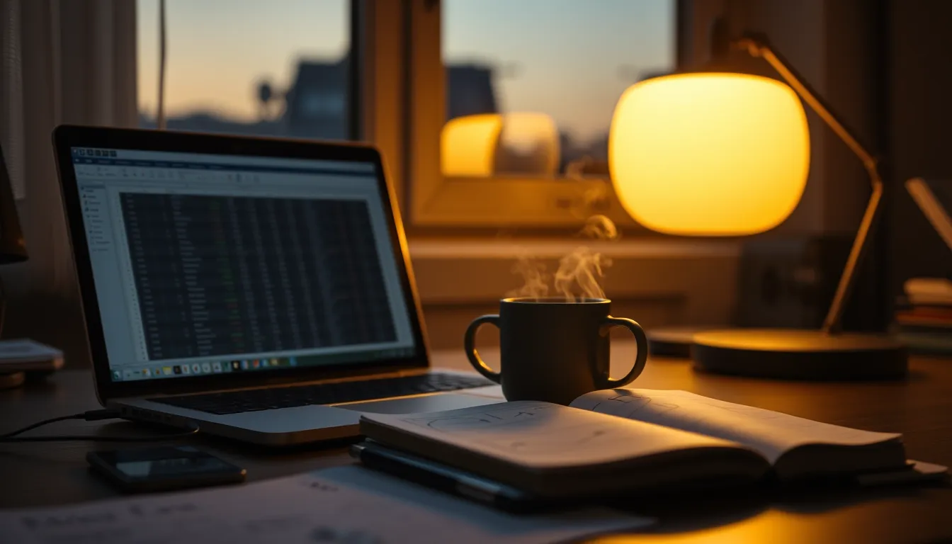 Bureau au crépuscule avec ordinateur portable, tasse fumante et cahier rempli de schémas