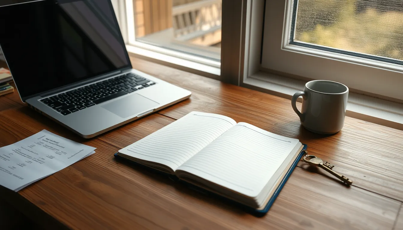 Bureau de bois, carnet ouvert, ordinateur fermé, tasse et clé en laiton près d'une fenêtre