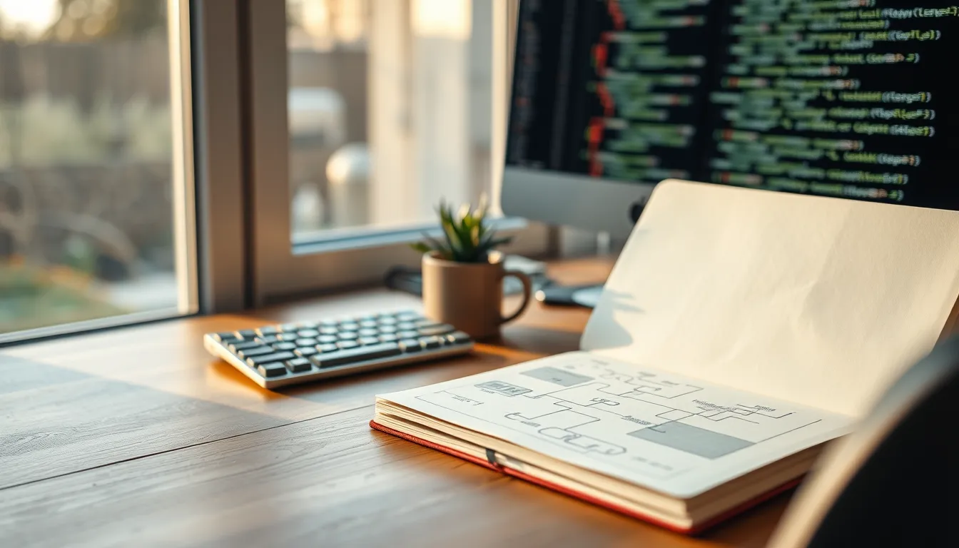 Bureau en bois près d'une fenêtre avec carnet de schémas, clavier et tasse